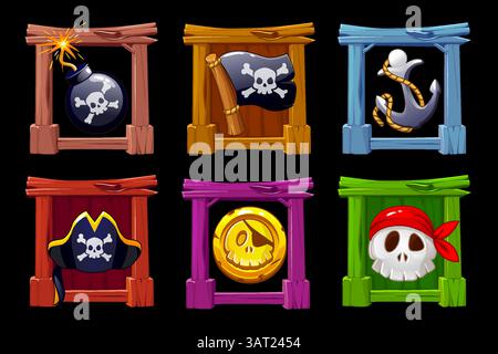 Pirate symbols- bomb, anchor, skull, flag, hat and coin. Set of pirates icons on wooden borders. Cartoon icons for your games or slots Stock Vector