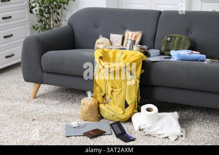 Survival kit. Different emergency supplies at home Stock Photo