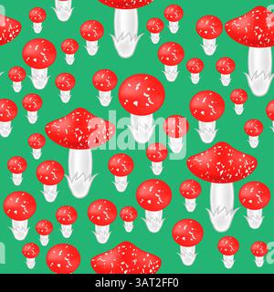 Vector Red Mushroom Seamless Pattern on Green Background. Stock Vector