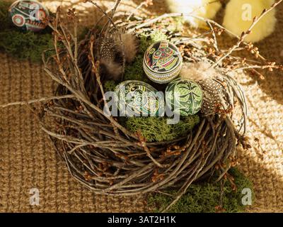 Three Easter Eggs in Nest with Chicken in Sunlit Backdrop Stock Photo