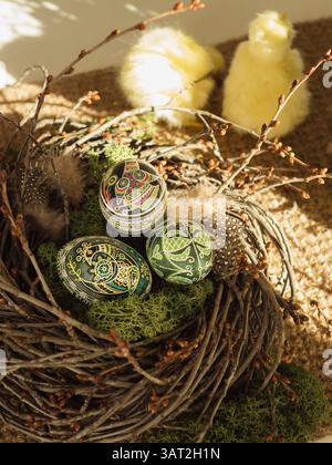 Three Easter Eggs in Nest with Chicken in Sunlit Backdrop Stock Photo