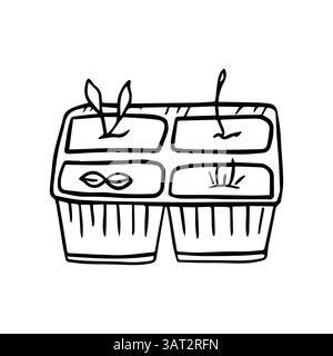 Hand-drawn vector illustration of growing plants in a pot, spring seedlings, seedlings. Agriculture, growing plants. The concept of farming, a home garden. Stock Vector