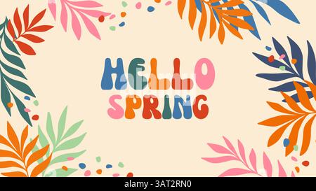 Hello Spring Colorful Leaves Vector Banner Template, Cute Playful Lettering with Tropical Party for Creative Headers, Springtime Promotion or Stock Vector