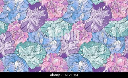 Pastel Colorful Abstract Floral Waves Delicate Line Drawing Peony Flowers for Sophisticated Summer Wedding, Intricate Wavy Lines Decorative Blue Pink Stock Vector