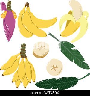 Illustration of Bananas with Leaves and Slices in Vibrant Colors Stock Vector