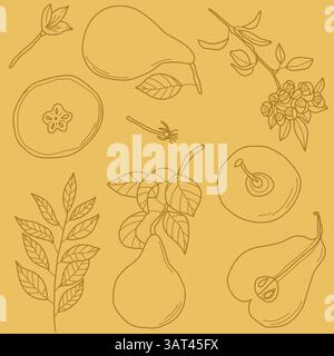 Hand-Drawn Pears and Leaves Pattern on Yellow Background Stock Vector
