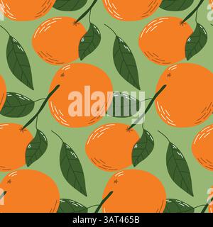 Seamless Pattern of Orange Fruits and Green Leaves on Light Background Stock Vector