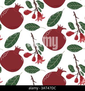 Seamless Pattern of Pomegranates, Flowers, and Leaves on White Background Stock Vector