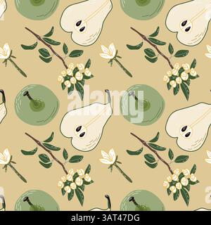 Seamless Pattern Featuring Pears, Flowers, and Leaves in a Natural Aesthetic Stock Vector