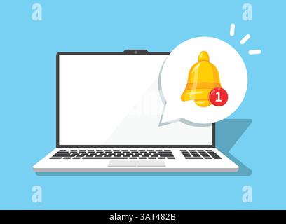 Laptop notification icon in flat style. Computer vector illustration on isolated background. Reminder message sign business concept. Stock Vector
