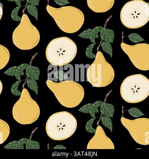 Seamless Pattern of Yellow Pears with Green Leaves on Black Background Stock Vector