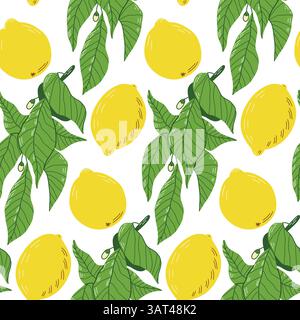 Seamless Pattern of Fresh Vibrant Lemons With Lush Green Leaves Stock Vector