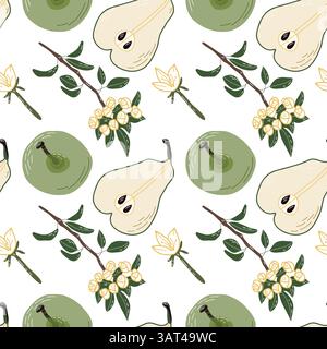 Seamless Pattern Featuring Pears, Blossoms, and Green Branchy Stems Stock Vector