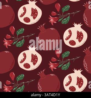 Seamless Pattern of Pomegranates and Leaves with a Rustic Color Palette Stock Vector