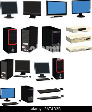 Electronics Devices set isolated on white background.Collection of Computer display,CPU and dvd players Stock Vector