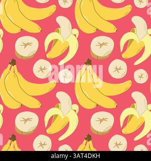 Seamless Pattern of Yellow Bananas on a Bright Pink Background Stock Vector