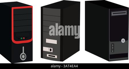 Desktop CPU set vector illustration isolated on white background. Collection of Compuer tower.Server computer 2d vector for cartoon animation projects Stock Vector