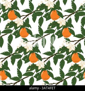 Seamless Pattern of Citrus Branches with Ripe Oranges and Leaves Stock Vector