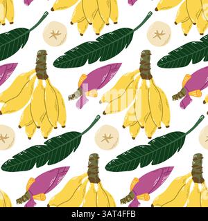 Seamless Pattern of Bananas, Tropical Leaves, and Flowers Illustrations Stock Vector