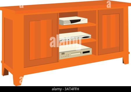 Orange Entertainment Center with Media Shelves and Doors Stock Vector