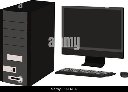 desktop computer setup with monitor, keyboard, and mouse.CPU and monitor with mouse and keyboard Stock Vector