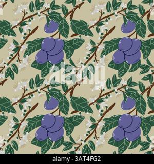 Seamless Pattern of Plum Branches with Leaves and White Flowers Stock Vector