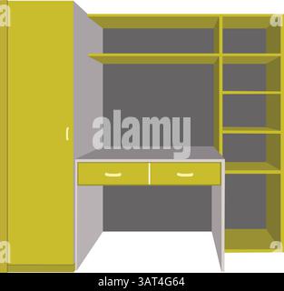 Modern yellow desk and wardrobe with shelving unit for stylish interior. Stock Vector