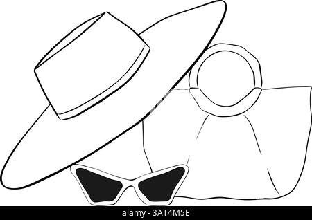 Beach tote bag, beach hat, sunglasses composition, Vector graphic line ink illustration for advertising, promote, poster, beach party invitation, back Stock Vector
