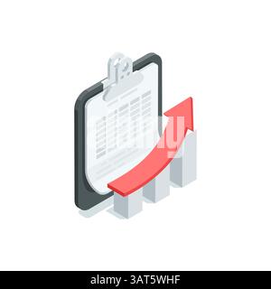 isometric vector chart with growing arrow and tablet with document, in color on white background, economic growth or work with statistics Stock Vector