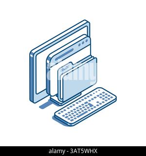 isometric vector linear icon computer and folder in program window, in color on white background, working with data or root directory Stock Vector