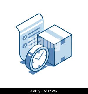 isometric vector box with document and watch linear icon, in color on white background, delivery of postal parcels or purchases Stock Vector