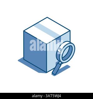 isometric vector box and magnifier linear icon, in color on white background, package tracking or search order Stock Vector