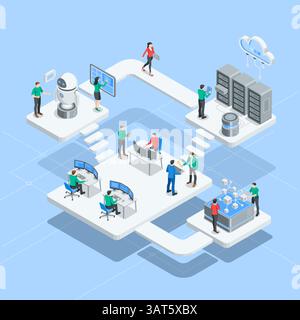 isometric vector men and women working with data with robot and servers, in color on blue background, ai platform or development Stock Vector