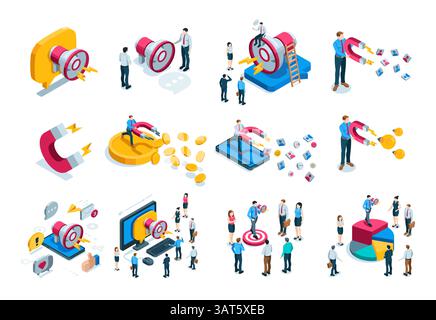 isometric vector set of business people and loudspeaker and magnet, in color on a white background, business or social attraction Stock Vector
