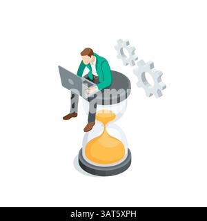 isometric vector man in business suit with laptop sits on hourglass, in color on white background, deadline or working hours Stock Vector