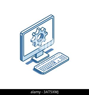 isometric vector linear icon of computer and gear, in color on white background, setting up or repairing computer equipment Stock Vector