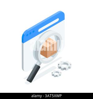 isometric vector box in magnifier, in color on white background, package tracking or search order Stock Vector