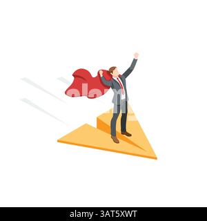 isometric vector business man in superman cape flying on paper airplane, in color on white background, leadership or achieving great success Stock Vector