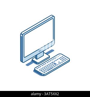 isometric vector linear computer icon, in color on white background, personal computer Stock Vector