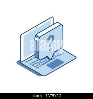 isometric vector laptop and question bubble linear icon, in color on white background, technical failure or problem Stock Vector