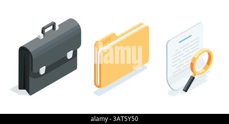 isometric vector set of business icons, in color on a white background, briefcase with folder and document with magnifying glass, work with documentat Stock Vector