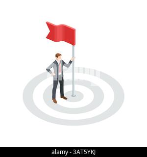 isometric vector business man with flag on a target, in color on a white background, success achievement or leader Stock Vector