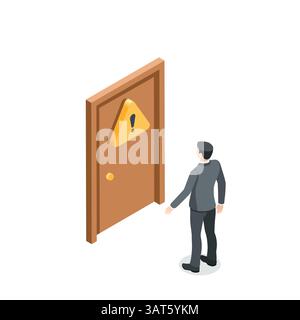 isometric vector business man standing in front of closed door with exclamation mark, in color on white background, unknown door or forbidden entry Stock Vector