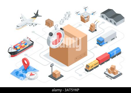 isometric vector transport for transporting goods by air by water and by land with box and world map with location icons, in color on a white backgrou Stock Vector
