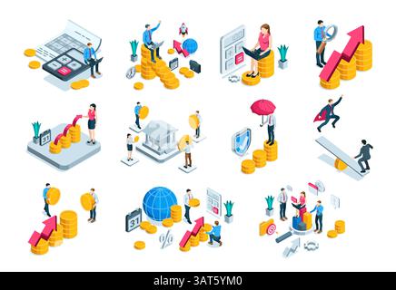 isometric vector set business people and money, in color on white background, finance and analytics Stock Vector