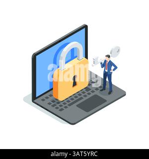 isometric vector business man with a key stands near the lock on laptop screen, in color on a white background, data access or password device Stock Vector