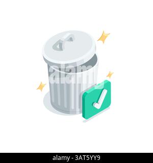 isometric vector icon of check mark and trash can with lid, in color on white background, successful removal to recycle bin Stock Vector