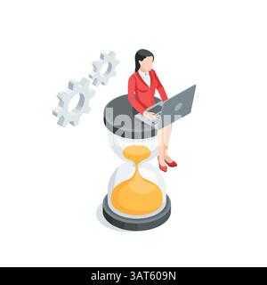 isometric vector woman in business suit with laptop sits on hourglass, in color on white background, deadline or working hours Stock Vector