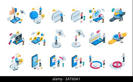 set of isometric vector business people and gadgets with message icons and clouds, in color on white background, social networks and online communicat Stock Vector
