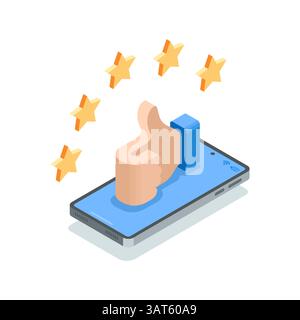 Isometric vector icon of like with stars on smartphone screen, in color on white background, positive feedback or reputation Stock Vector